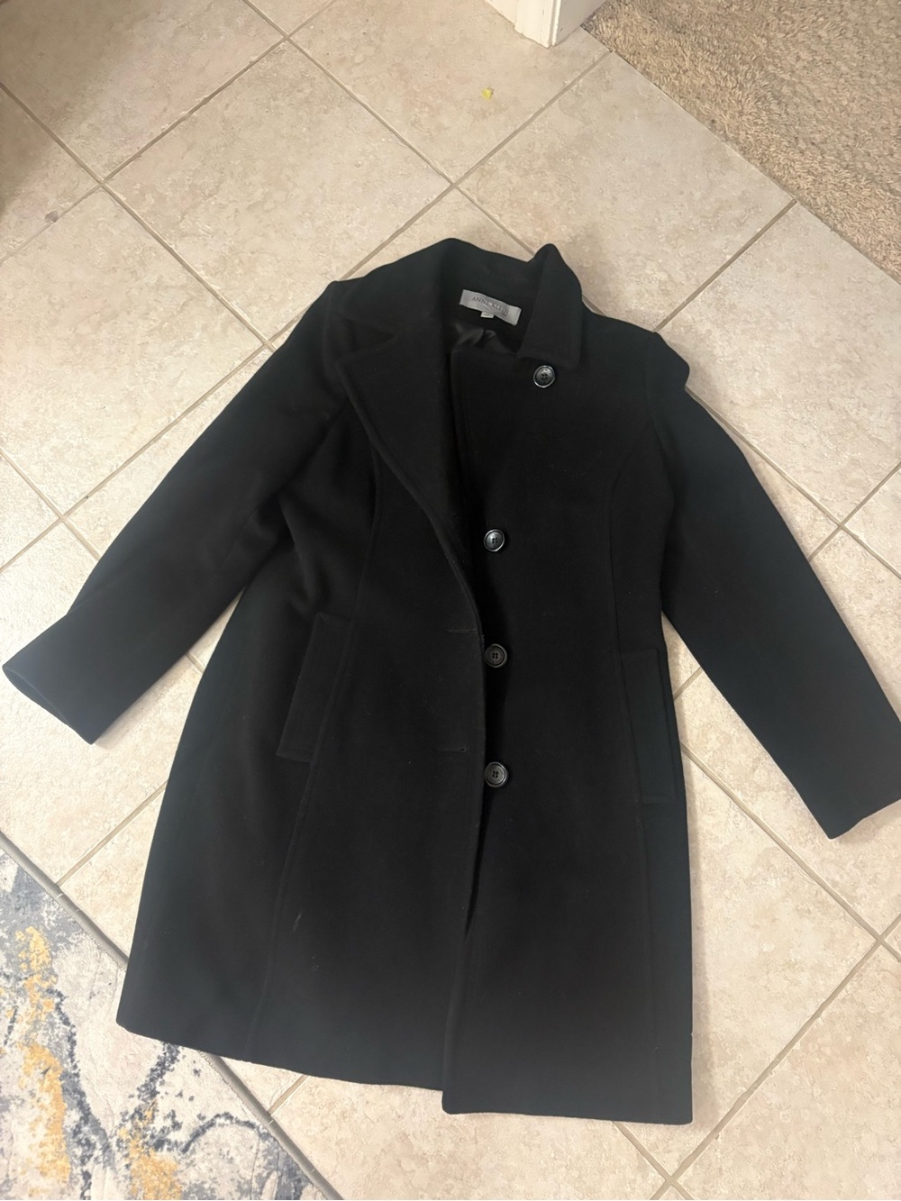 Anne Klein Black Wool Pea Coat with Notched Collar